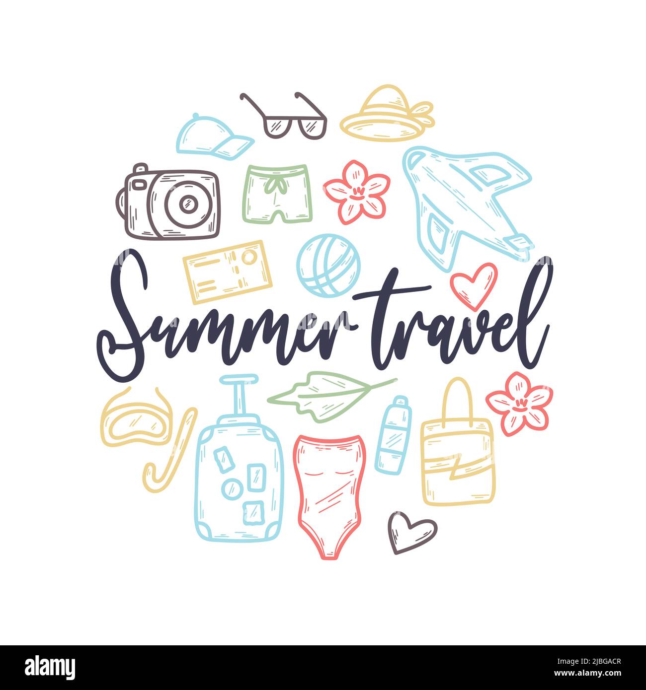 Modèle coloré de carte postale de voyage d'été. Carte ronde avec articles de vacances et lettrage. Affiche de voyage d'été. Poster vectoriel avec avion, suitc Illustration de Vecteur