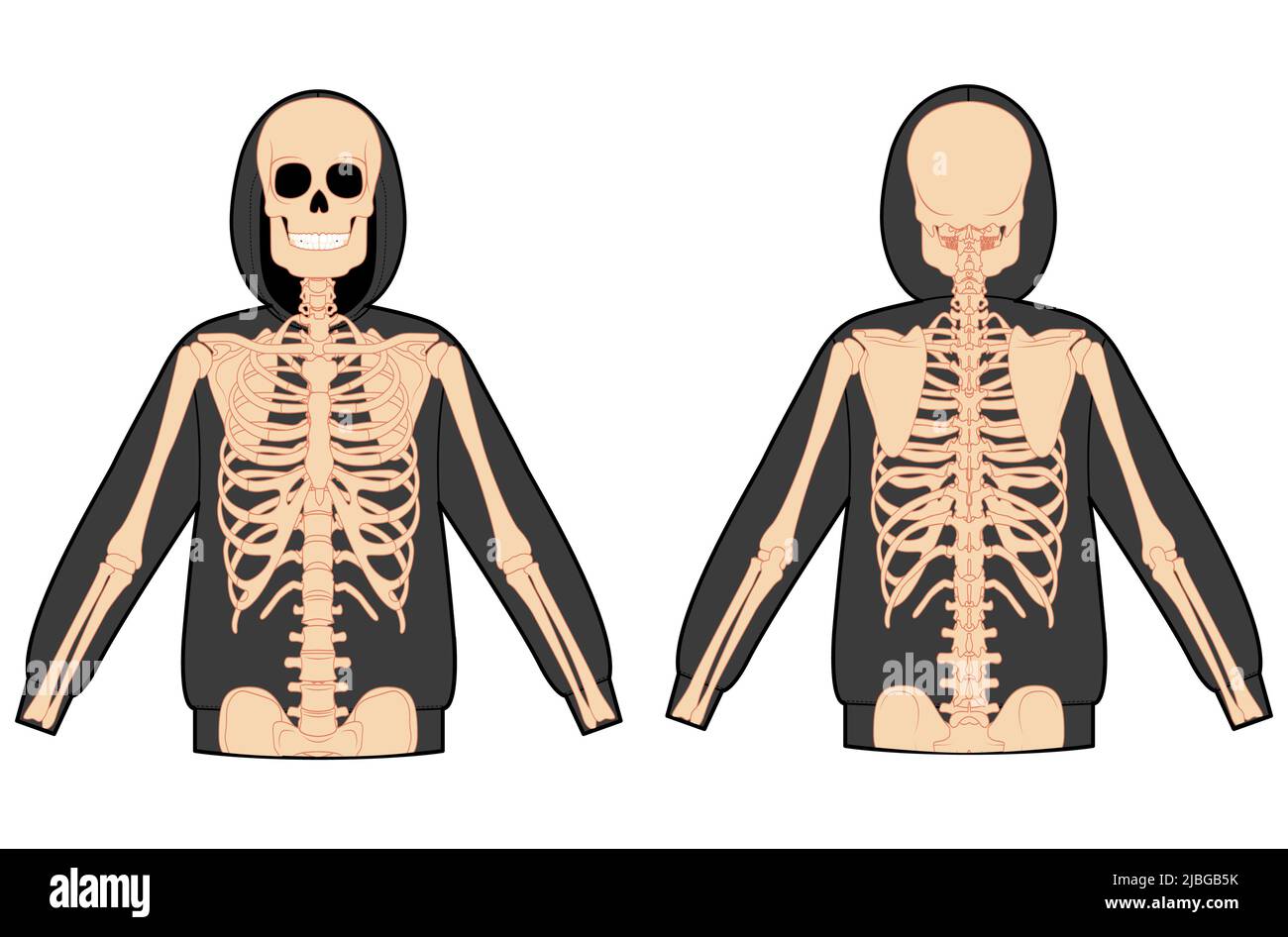 Ensemble de costume de squelette OS humains sur le sweat à capuche avant vue arrière hommes femmes, enfants pour Halloween, jour des festivals morts, impression sur des vêtements plat noir couleur concept illustration vectorielle isolée Illustration de Vecteur