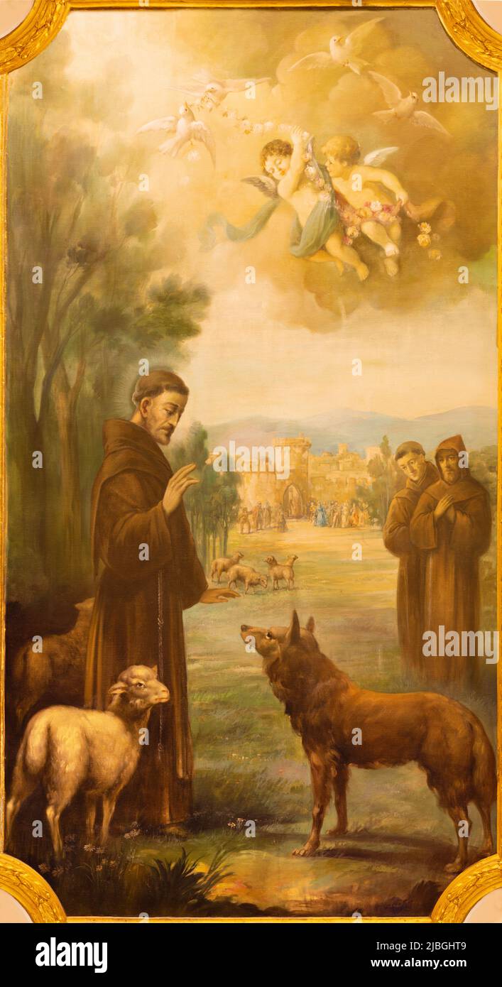VALENCE, ESPAGNE - 17 FÉVRIER 2022 : la peinture de Saint François d'Assise prêchant aux animaux dans l'église Iglesia de San Lorenzo. Banque D'Images