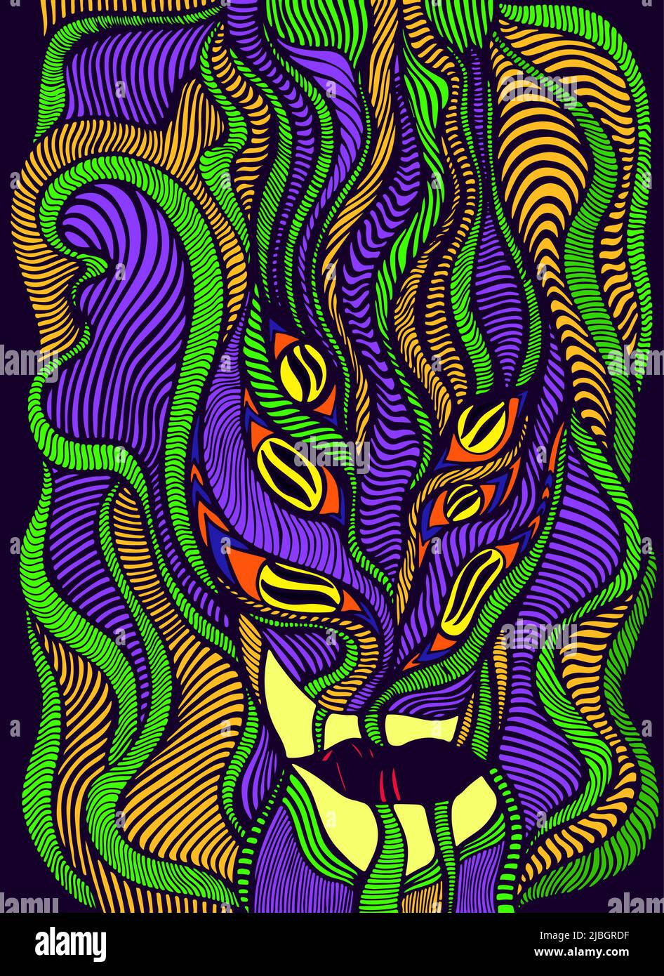Visage surréaliste abstrait avec motifs vagues. Psychédélique coloré fantasy visage anthropomorphique. Illustration de Vecteur