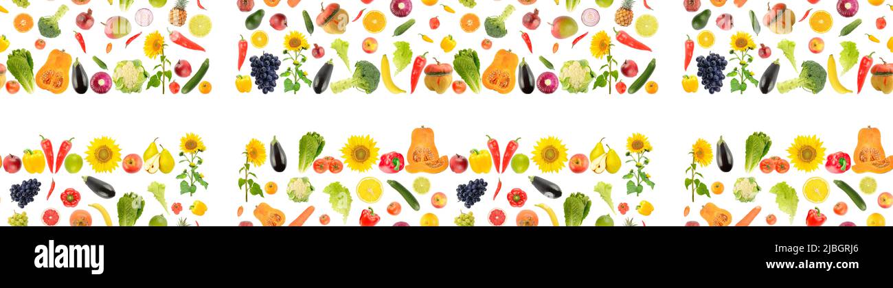Grand modèle sans couture fruits frais sains, légumes, baies isolées sur fond blanc. Banque D'Images