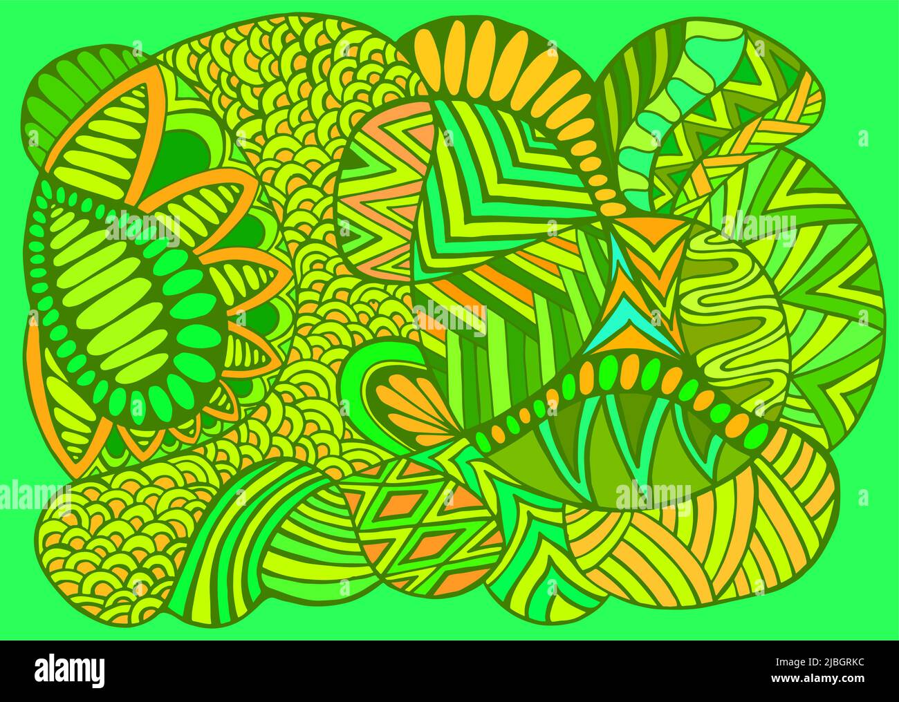 Été juteux coloré Doodle psychédélique motifs ornementaux. Vert clair brillant, vert orange jaune couleurs. Arrière-plan abstrait ensoleillé décoratif. Illustration de Vecteur