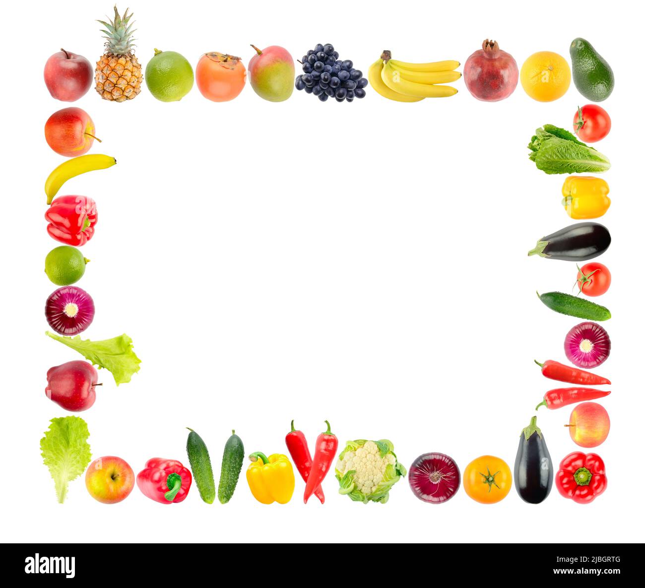 Cadre à partir de légumes et de fruits brillants et multicolores isolés sur fond blanc. Banque D'Images