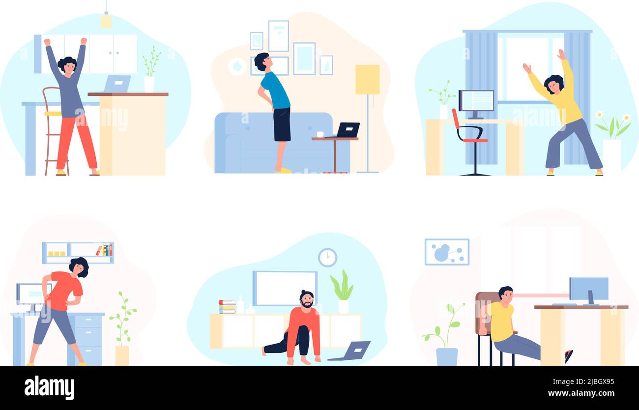 Syndrome de bureau. Exercice d'étirement au travail, en position d'ajustement de la table. Sport formation ergonomique pour les hommes d'affaires. Corps et cou étirés, récents Illustration de Vecteur