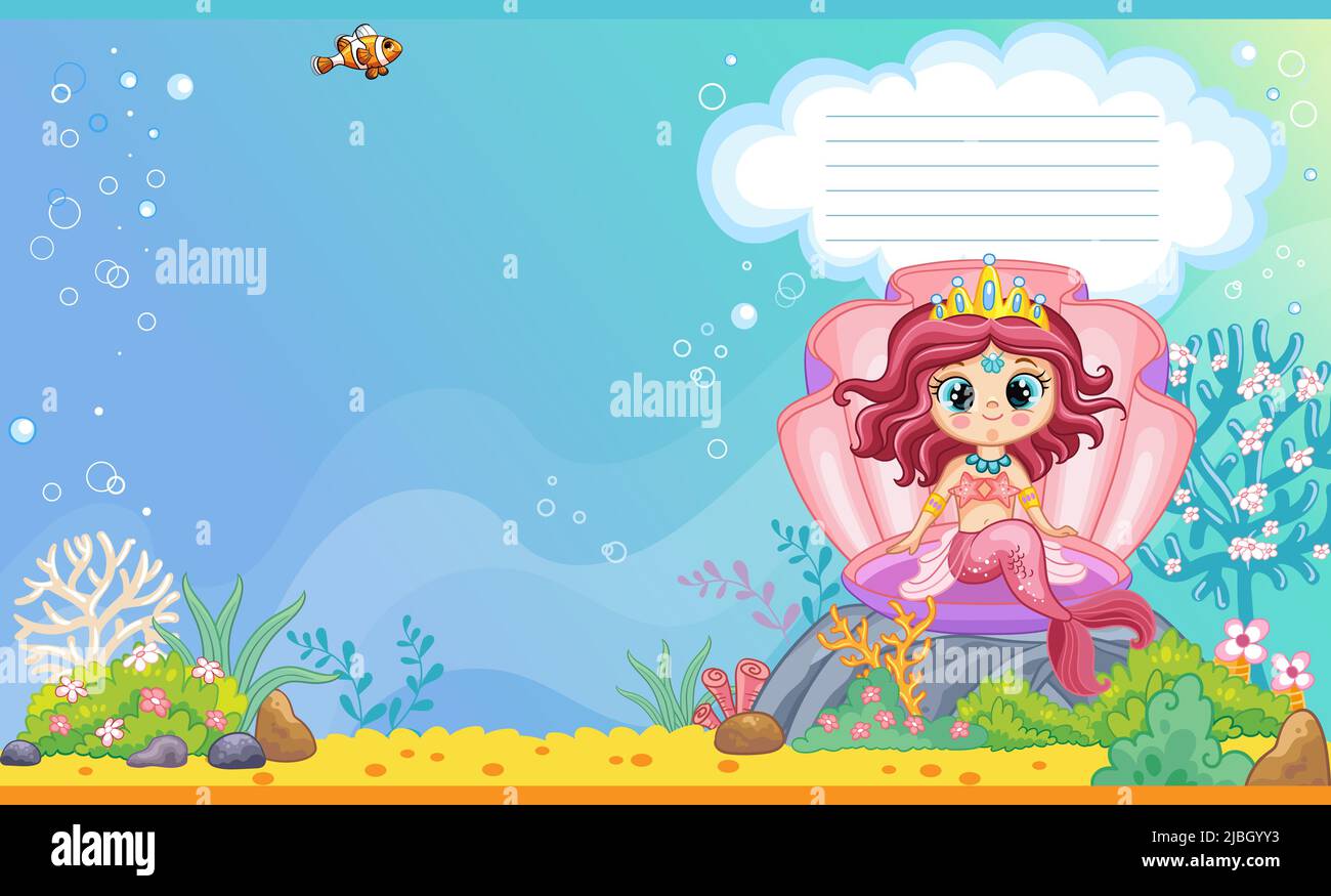 Mignonne sirène dans le monde sous-marin. Arrière-plan de dessin animé pour enfants. Illustration vectorielle. Mise en page du modèle de page de garde. S'applique aux ordinateurs portables et aux agendas Illustration de Vecteur