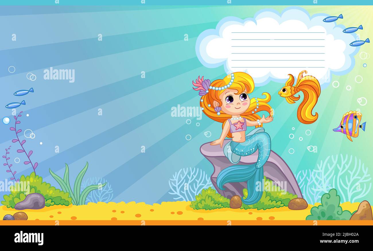 Mignonne sirène dans le monde sous-marin. Arrière-plan de dessin animé pour enfants. Illustration vectorielle. Mise en page du modèle de page de garde. S'applique aux ordinateurs portables et aux agendas Illustration de Vecteur