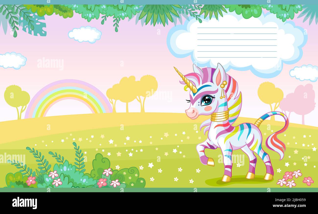 Couverture colorée avec zèbre licorne un pré en fleurs. Arrière-plan de