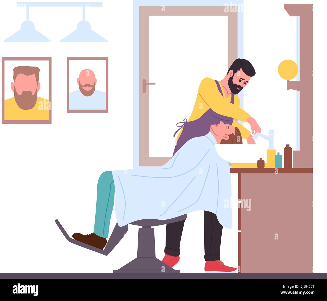 Coiffeur avec client homme. Coiffeur donne la coupe de cheveux. Shampooing ou coiffeur. Coiffeur coupe et coupe les cheveux au client. Lieu de travail Illustration de Vecteur