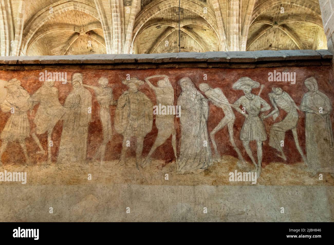 La chaise Dieu. Fresque de la danse Macabre (XVe siècle). Abbaye Saint Robert, haute Loire, Auvergne Rhône Alpes, France Banque D'Images