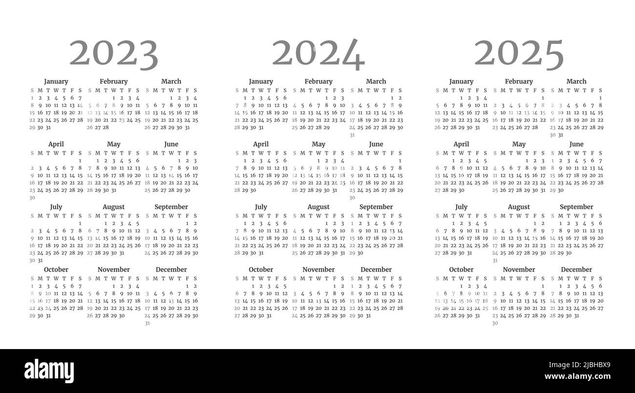 Ensemble de modèles de calendrier mensuel monochrome pour 2023, 2024