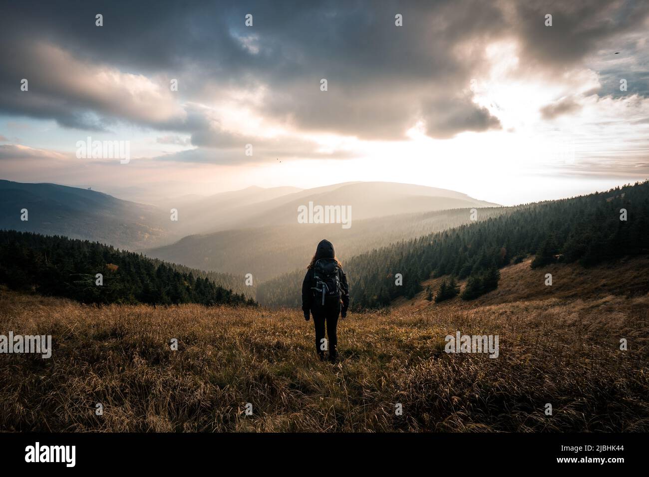 Jeune femme debout sur un terrain herbeux lors d'une soirée venteuse dans les montagnes d'automne profitant de la vue sur la nature. Coucher de soleil majestueux sur les montagnes. République tchèque, J Banque D'Images