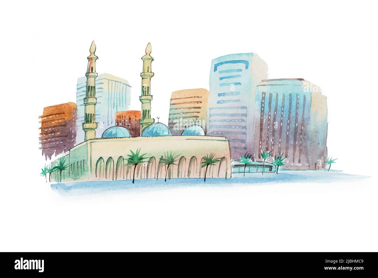 Paysage urbain bleu avec mosquée dessin à la main aquarelle illustration. Banque D'Images