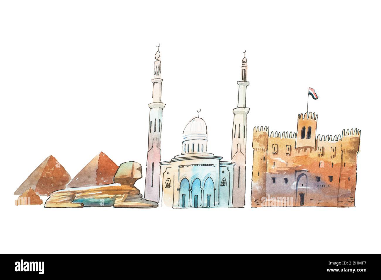 Le Caire Egypte Skyline célèbres monuments Voyage et tourisme waercolor illustration Banque D'Images