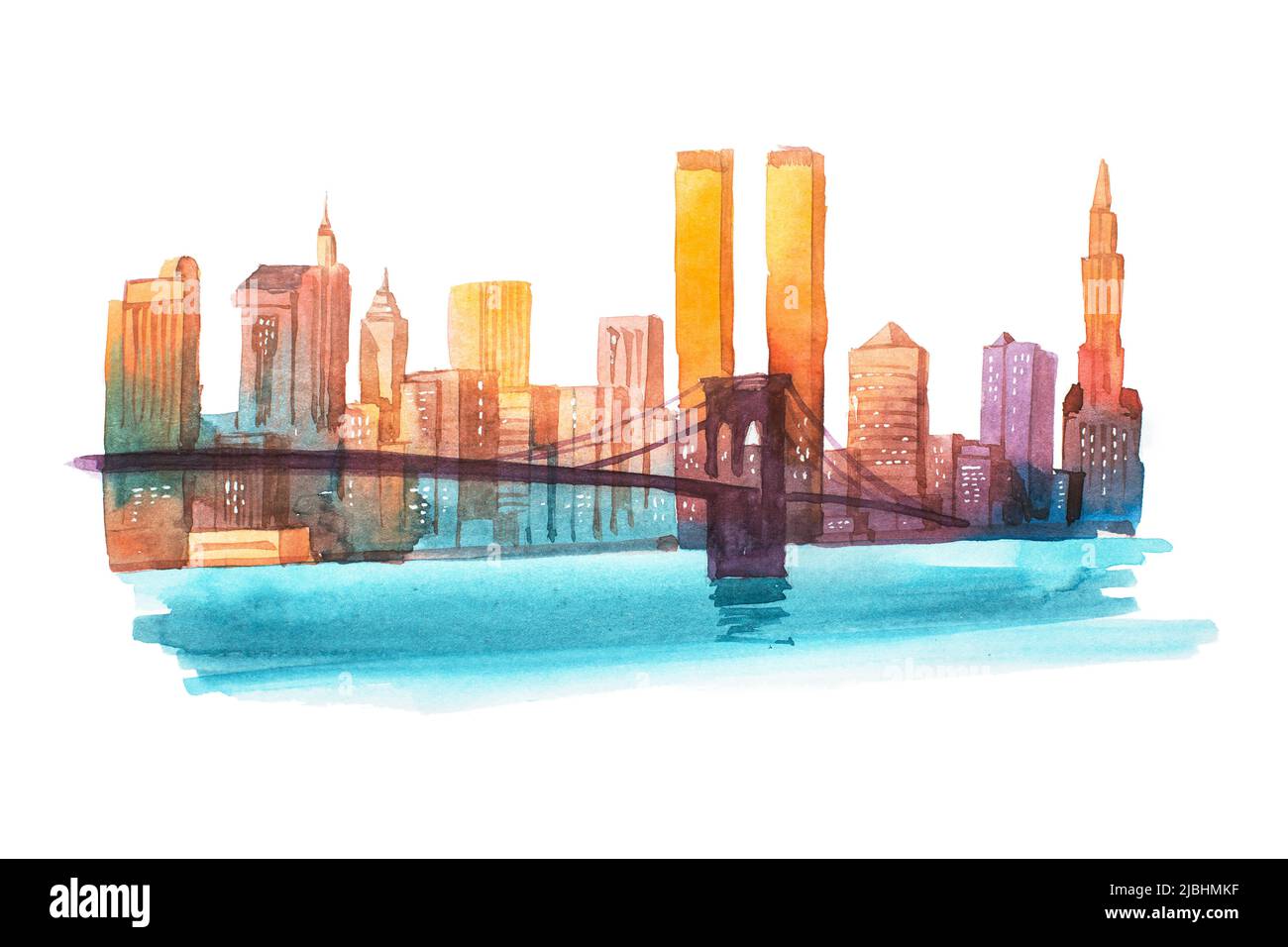 Manhattan Bridge New York paysage urbain aquarelle illustration Banque D'Images