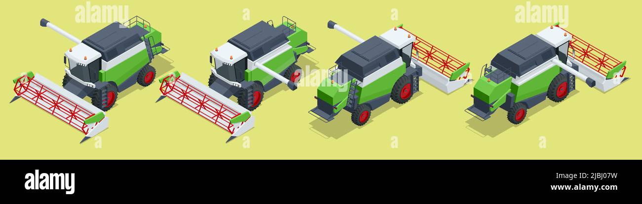 Moissonneuse-batteuse isométriques verte isolée sur blanc. La moissonneuse-batteuse récolte du blé mûr. Concept d'agriculture. Le remappage, le battage, le rassemblement et Illustration de Vecteur