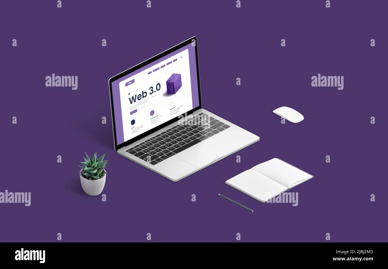 Concept Web 3,0 avec ordinateur portable et page web de présentation. Souris, plante, tampon et stylo sur fond violet Banque D'Images