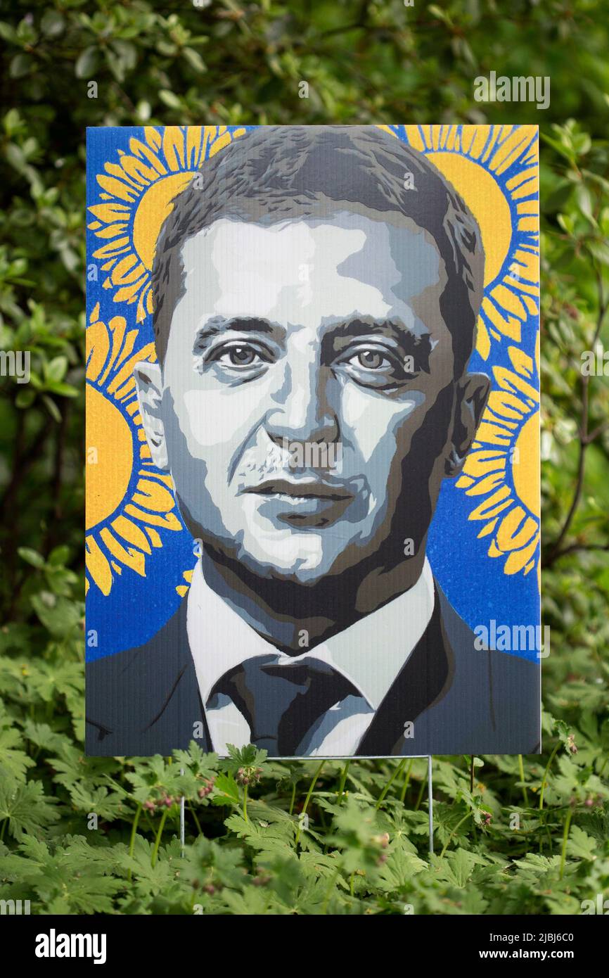Signe coloré de cour de quartier dans le soutien et la défense de l'Ukraine et le président ukrainien Volodymyr Zelenskyy à Minneapolis, Minnesota, États-Unis Banque D'Images