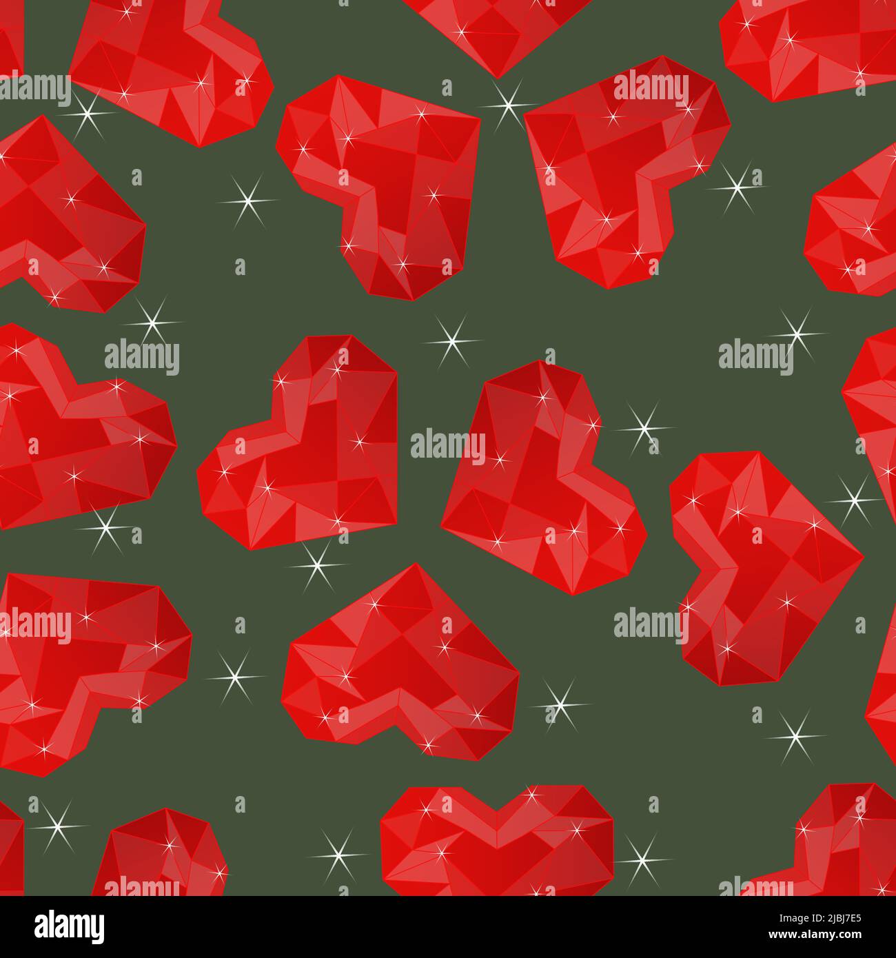Motif sans couture avec coeurs polygonaux et étoiles en cristal. Cristaux rouges brillants. Motif coeurs rubis sans coutures. Motif coeurs étincelants pour prin Illustration de Vecteur