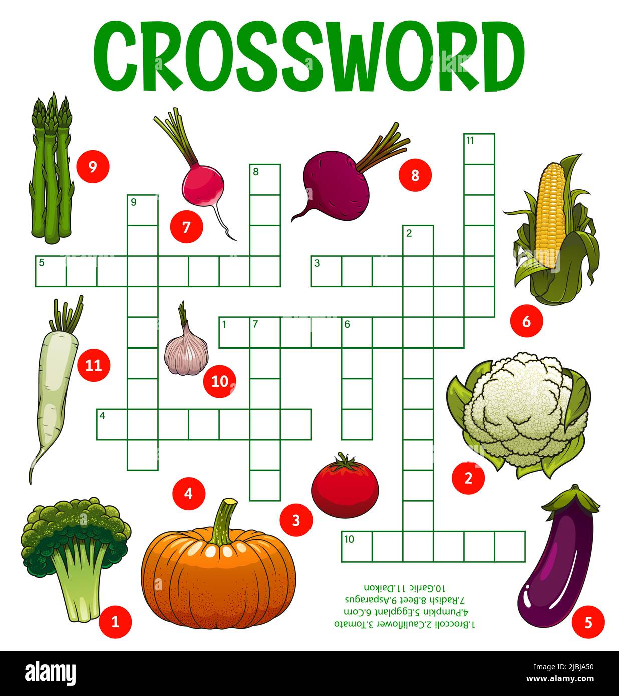 Feuille de calcul de puzzle de légumes bruts de dessin animé. Trouvez