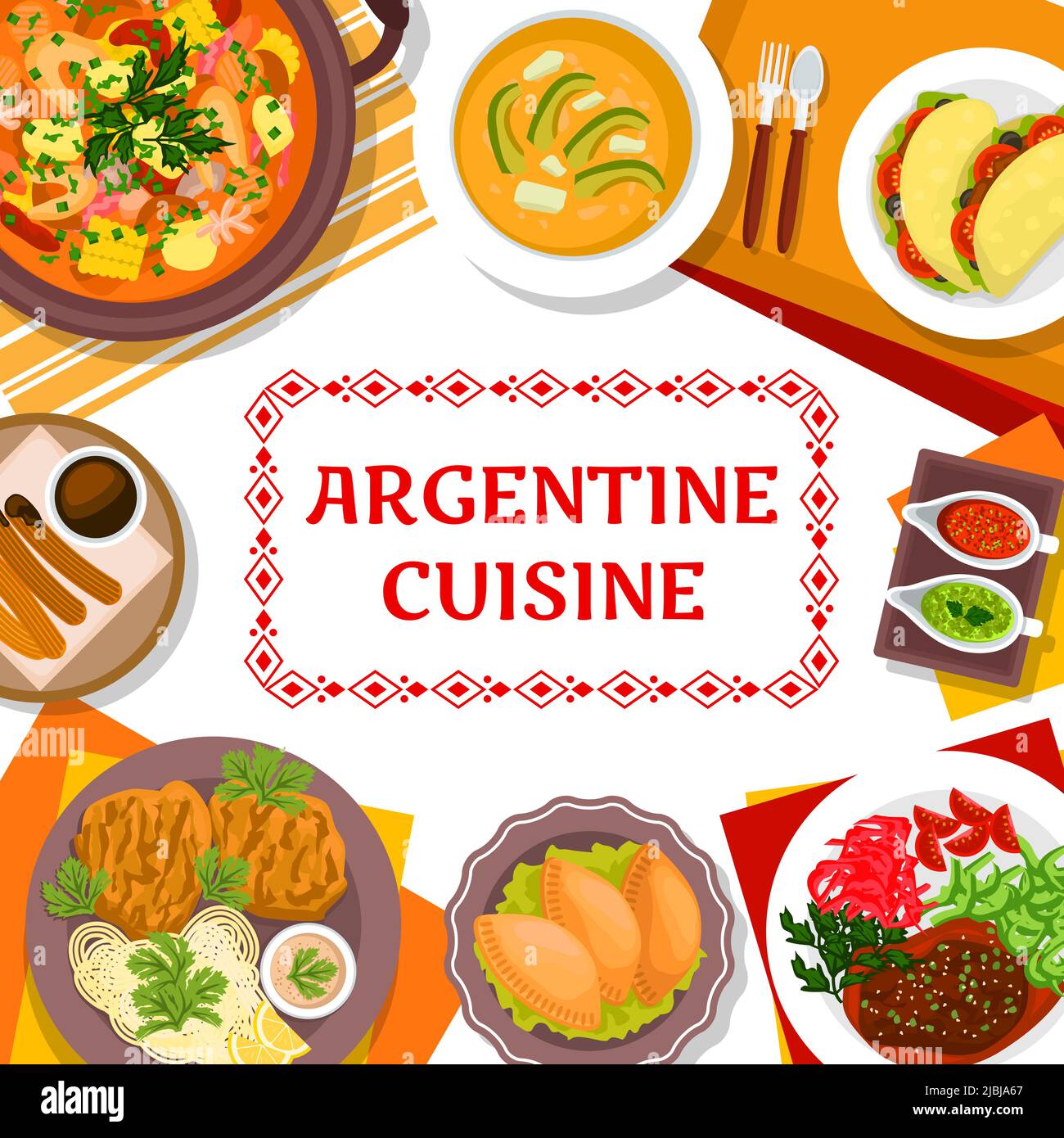 Couverture du menu du restaurant de cuisine Argentine. Ragoût de viande Guiso, tarte à la viande Empanadas et churos cookie, sandwich Chorizo Choripan et côtelette de porc milanais, jarret de veau Osso Buco, soupe Locro, Illustration de Vecteur