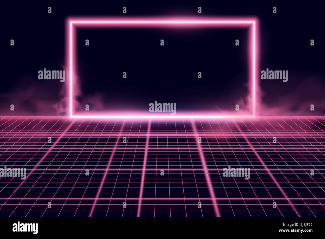 Grille de perspective filaire avec cadre néon lumineux. Arrière-plan abstrait rétro. Illustration vectorielle. Illustration de Vecteur