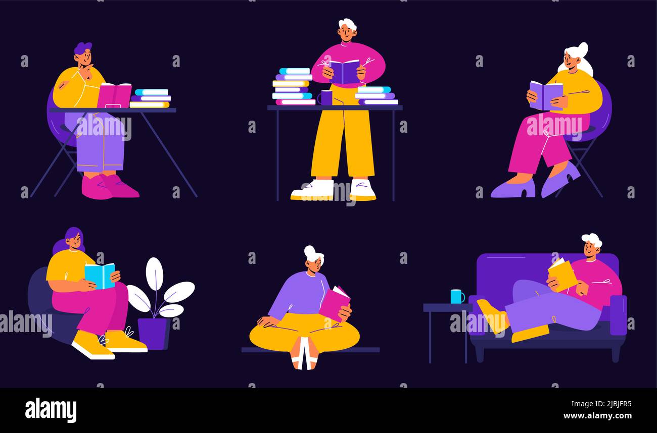 Les gens lisent des livres dans différentes poses. Illustration ...