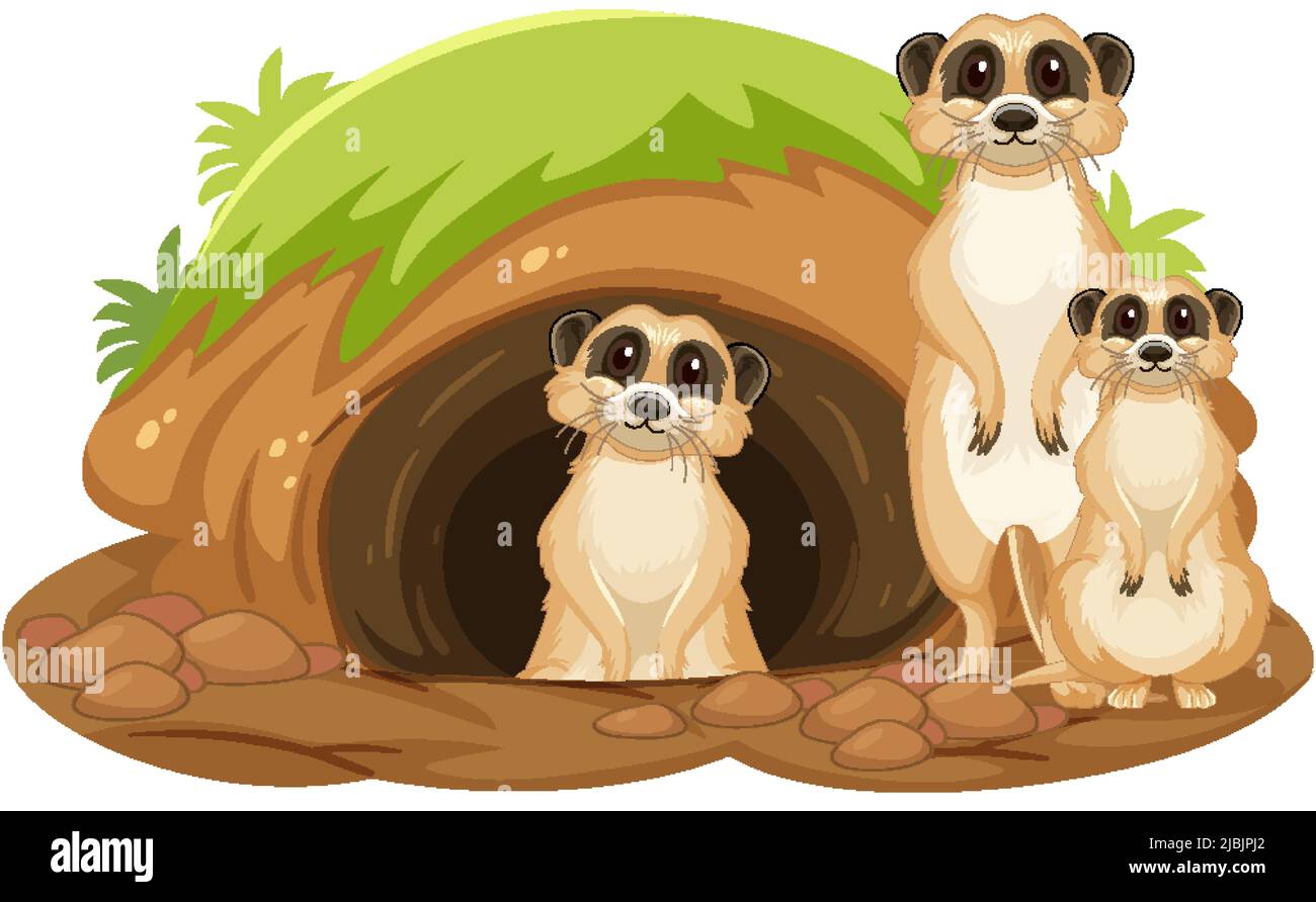 Groupe de meerkats avec le terrier dans l'illustration de style de dessin animé Illustration de Vecteur