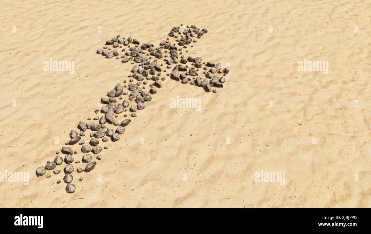 Concept pierres conceptuelles sur plage sable forme de symbole fait à la main, fond de sable doré, croix chrétienne.Une métaphore d'illustration 3d pour Dieu, Christ Banque D'Images