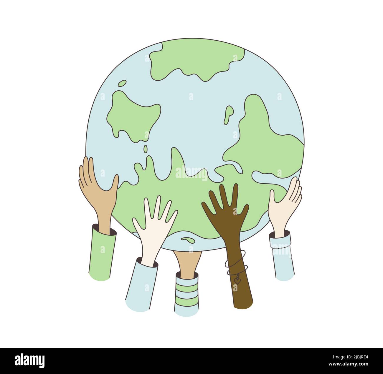 Les mains des enfants tiennent le globe. Bonne journée de la Terre. Carte dessinée à la main pour la journée mondiale des enfants. Doodle multiculturel enfants mains tenant la terre. Concept de paix Illustration de Vecteur