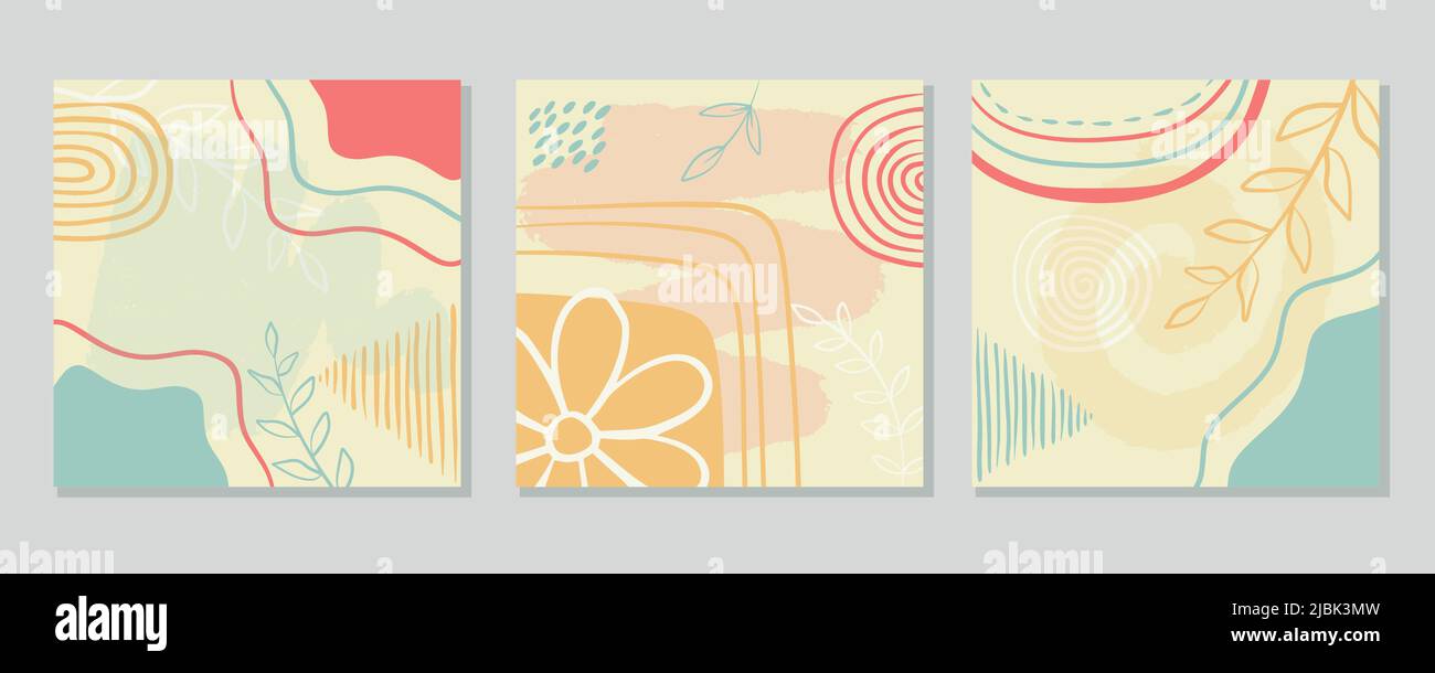 Définir des arrière-plans abstraits carrés avec des éléments géométriques et botaniques. Modèles de publications dans les réseaux sociaux, pour la publicité et les bannières. Tre Illustration de Vecteur