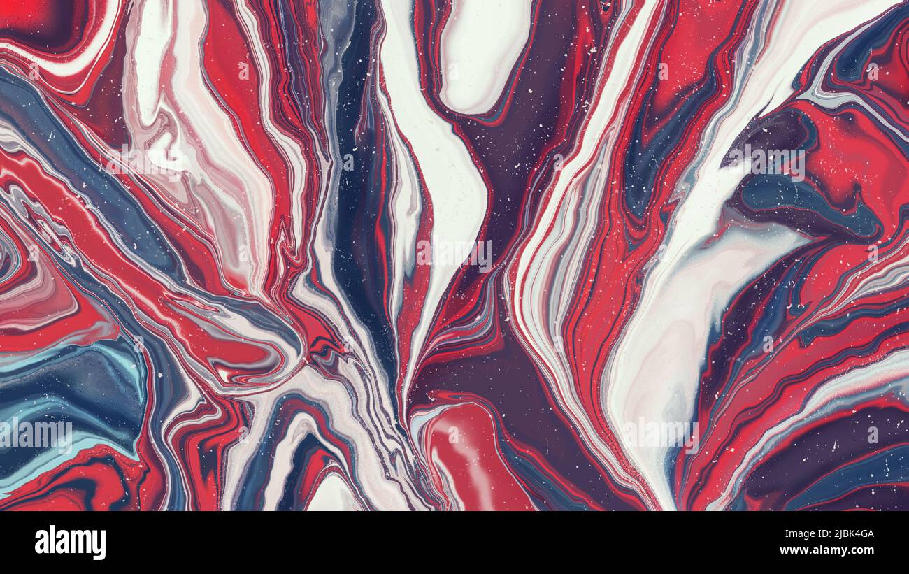 Art numérique fluide en acrylique rouge, blanc et bleu. Arrière-plan abstrait de la tendance créative. Lignes dynamiques, mouvements fluides, explosion d'émotions, passion, libre Banque D'Images