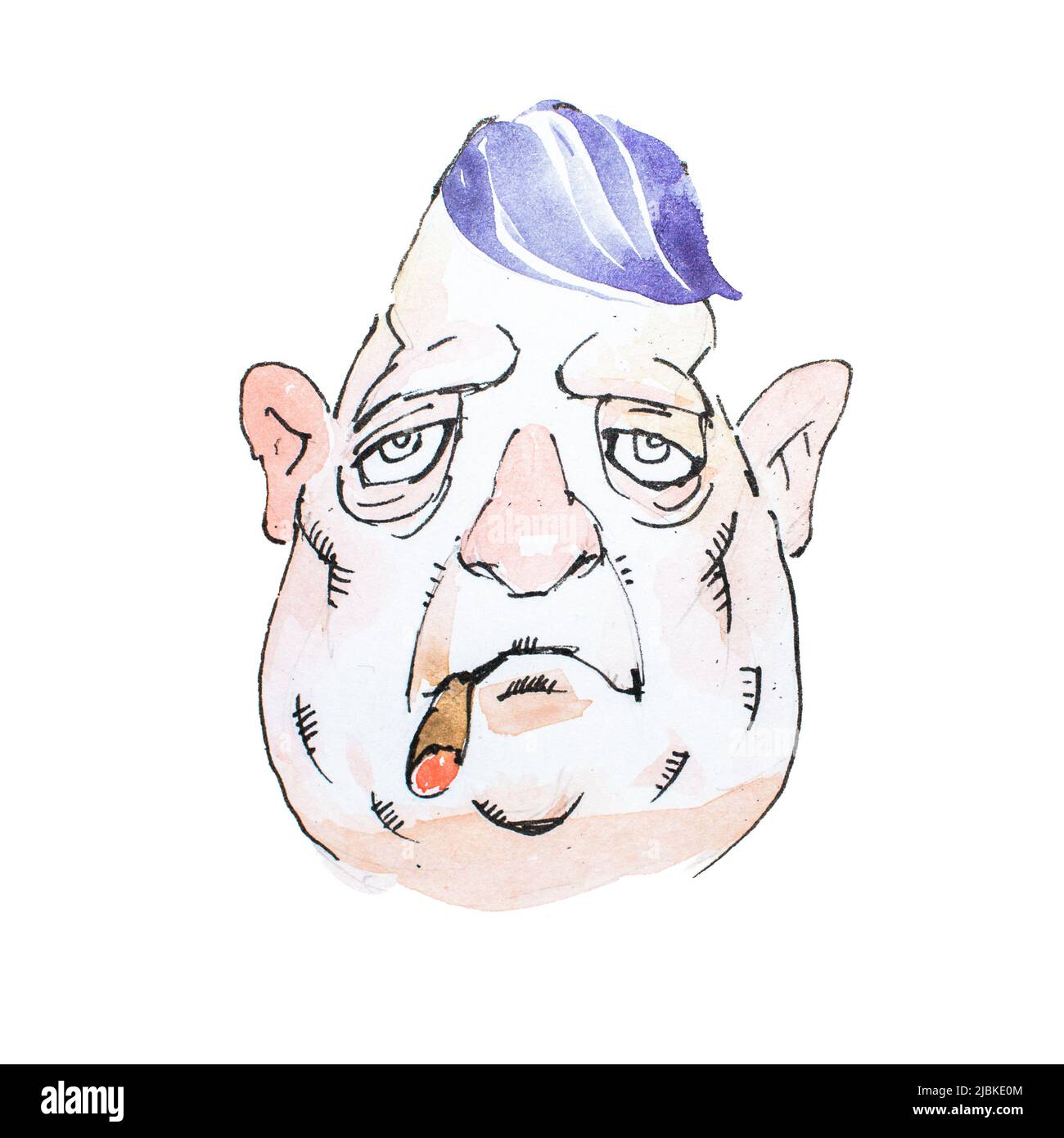 Portrait de personnage de dessin animé aquarelle d'âge moyen, sombre mafioso ou gangster fume cigare avec un aspect lourd. Banque D'Images