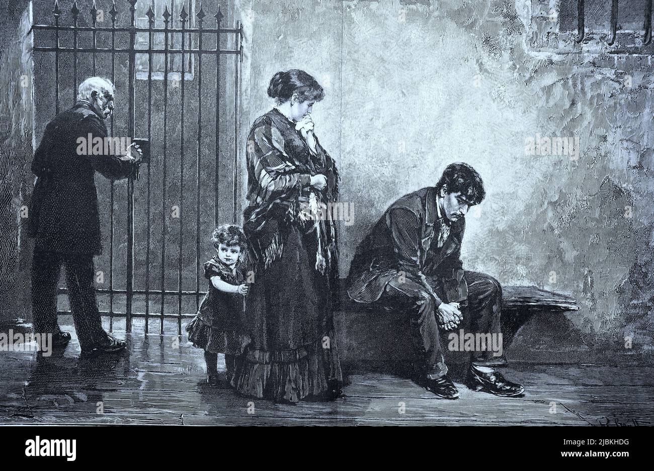 Beim Verurteilten im Gefängnis, Frau und Kind besuchen den Häftling, ein Wärter verschließt das Gitter, 1880, Deutschland, digital restaurierte Reproduktion einer Originalvorlage aus dem 19. Jahrhundert, genaues Originaldatum nicht bekannt Banque D'Images
