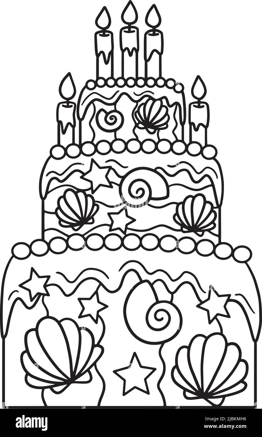 Page de coloriage isolée du gâteau d'anniversaire de la sirène Illustration de Vecteur