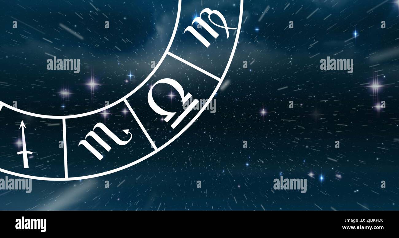 Image numérique du point de lumière et des symboles de spirale des signes du zodiaque dans l'espace Banque D'Images