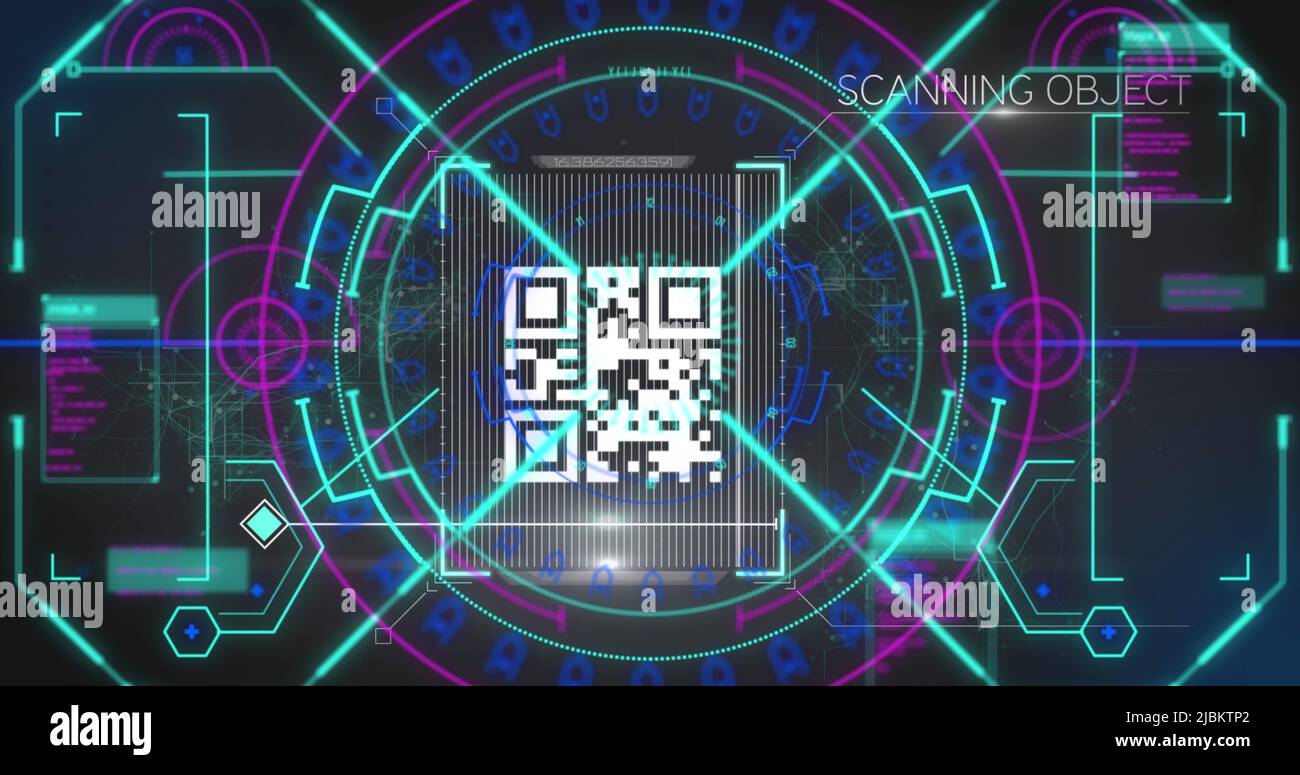 Illustration de la numérisation de l'oscilloscope et du contrôle de sécurité du code qr sur fond noir Banque D'Images