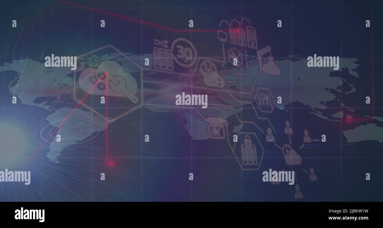Image des icônes et des connexions sur la carte du monde Banque D'Images