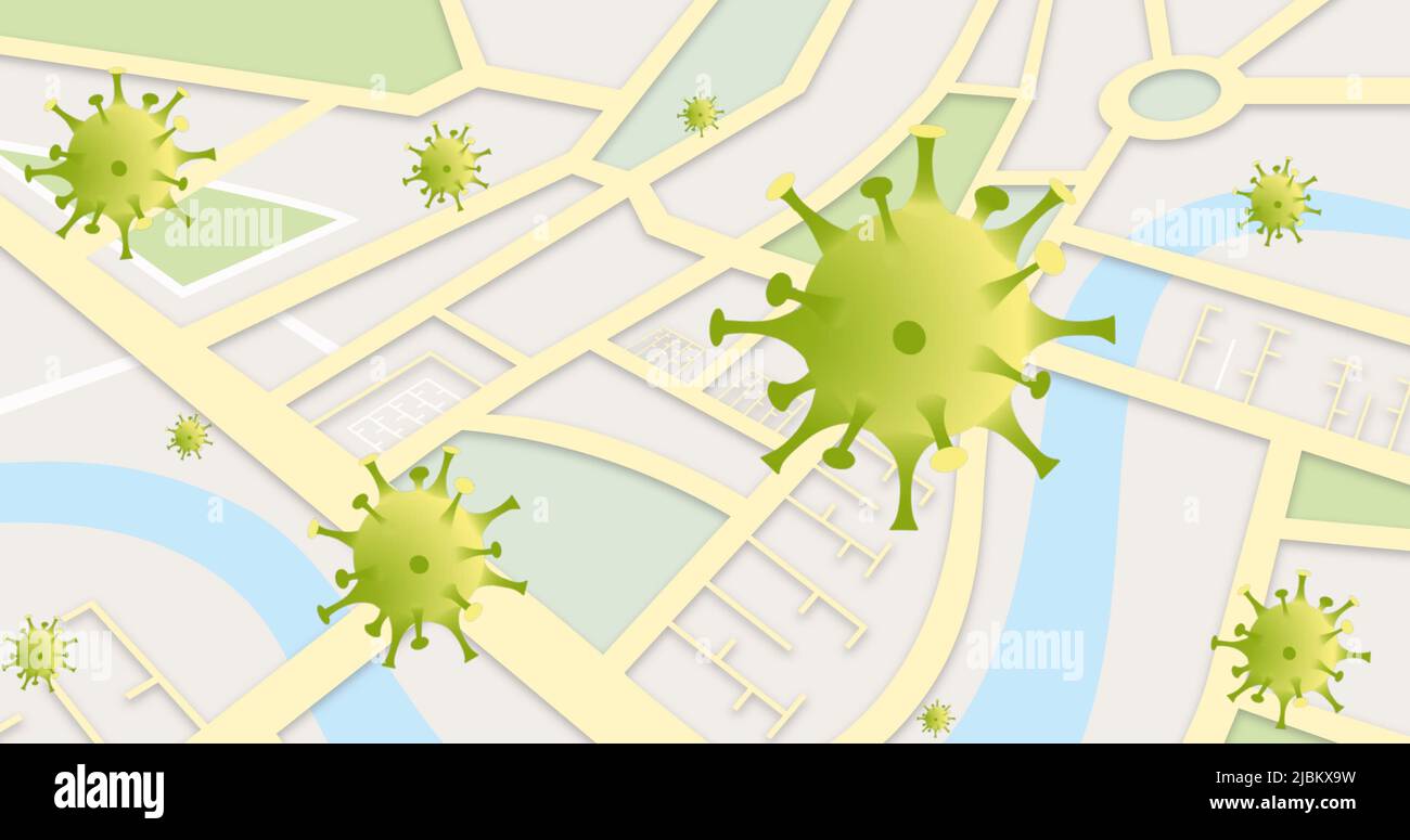 Image de la chute de covid 19 cellules au-dessus du plan de la ville Banque D'Images