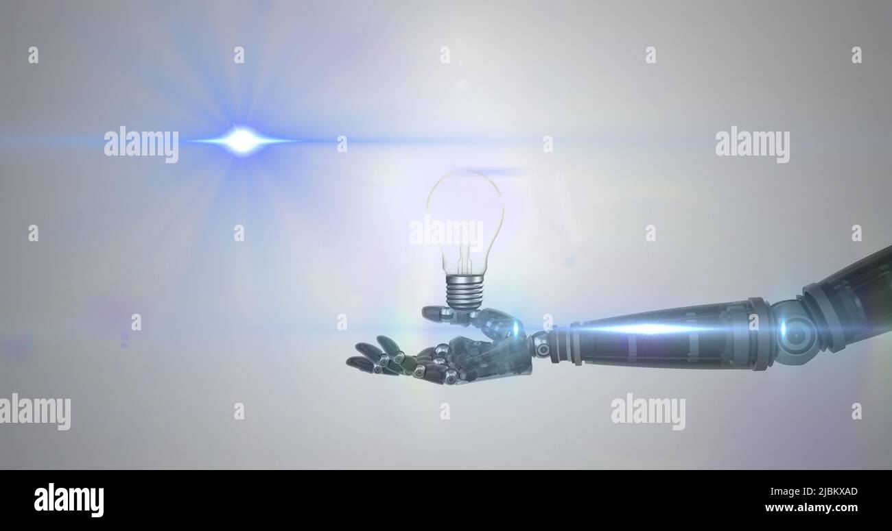 Illustration d'une ampoule lumineuse à la main du bras du robot, avec une lumière bleue sur fond gris Banque D'Images