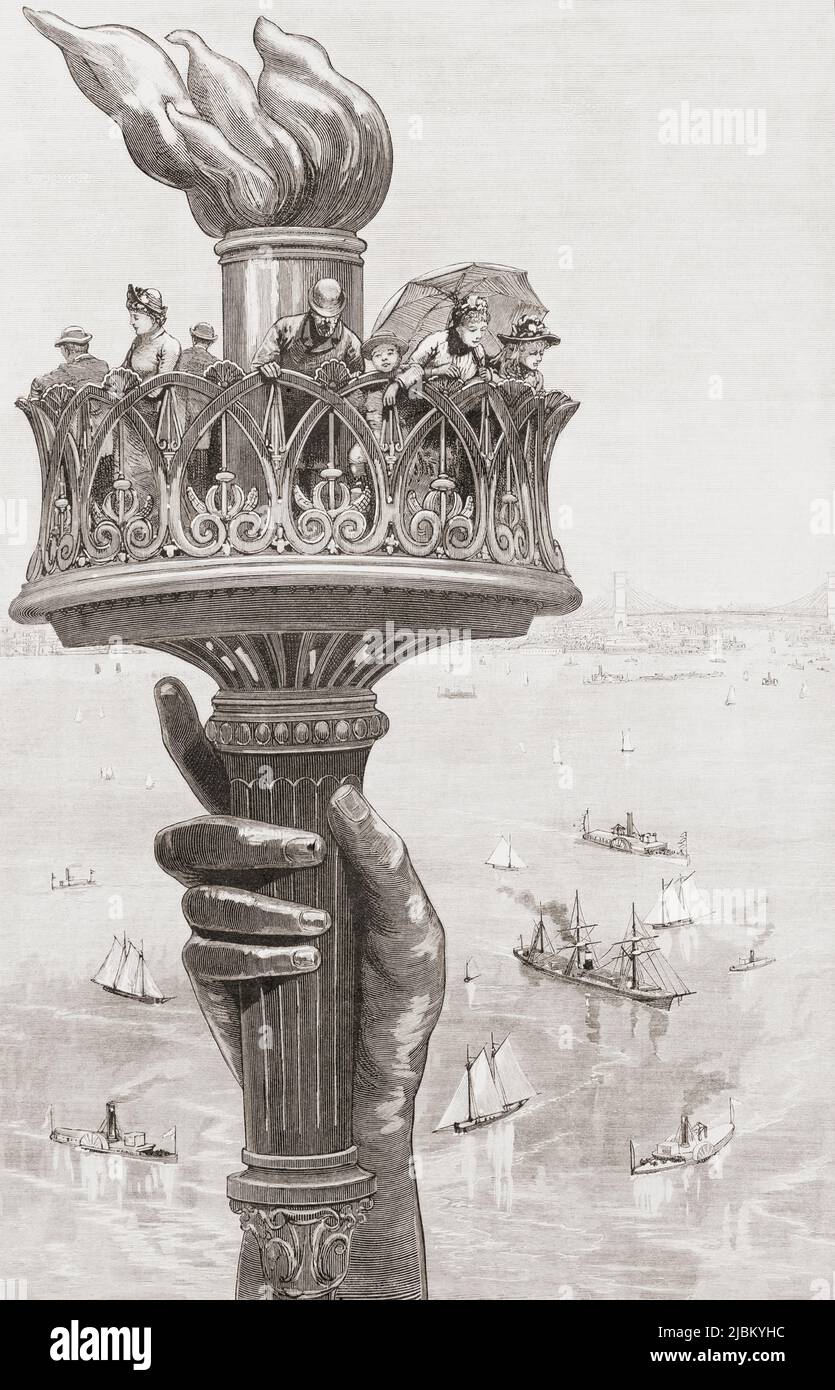 Visiteurs à la torche de la Statue de la liberté, une visite qui ne peut pas être faite aujourd'hui. Les visites à la torche ont été autorisées jusqu'à ce que 30 juillet 1916, lorsque des éclats de deux explosions dans une usine d'armement de l'île Black Tom voisine, dans le port de New York, ont endommagé la statue. Les deux explosions ont été déchaînez par des saboteurs allemands. L'Allemagne a par la suite payé des dommages-intérêts aux requérants, le dernier paiement étant effectué en 1979. Après une gravure anticipataire dans le journal illustré de Frank Leslie, 20 juin 1885, un an avant le dévouement de la statue. Banque D'Images Visiteurs à la torche de la Statue de la liberté, une visite qui ne peut pas être faite aujourd'hui. Les visites à la torche ont été autorisées jusqu'à ce que 30 juillet 1916, lorsque des éclats de deux explosions dans une usine d'armement de l'île Black Tom voisine, dans le port de New York, ont endommagé la statue. Les deux explosions ont été déchaînez par des saboteurs allemands. L'Allemagne a par la suite payé des dommages-intérêts aux requérants, le dernier paiement étant effectué en 1979. Après une gravure anticipataire dans le journal illustré de Frank Leslie, 20 juin 1885, un an avant le dévouement de la statue. Banque D'Images