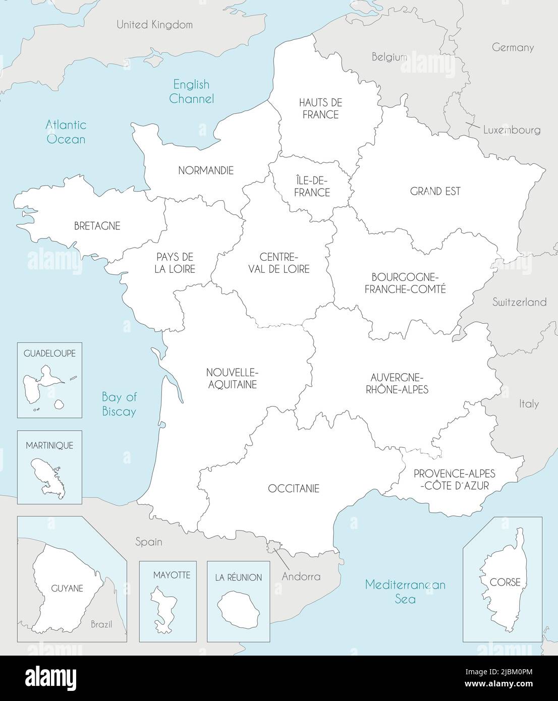 Carte vectorielle de la France avec régions et territoires, divisions administratives et pays
