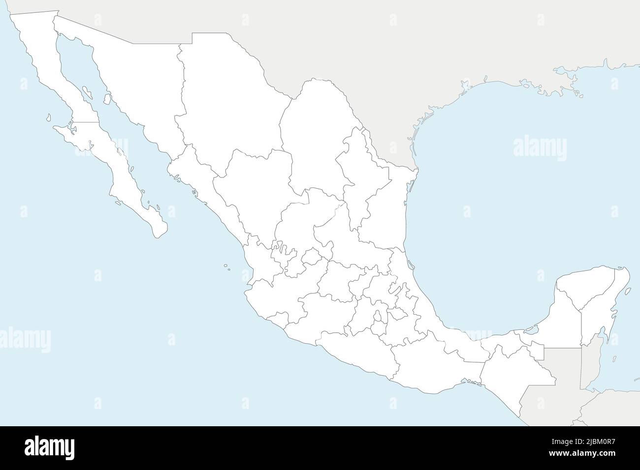 Carte vierge vectorielle du Mexique avec régions ou États, divisions administratives et pays voisins. Calques modifiables et clairement étiquetés. Illustration de Vecteur