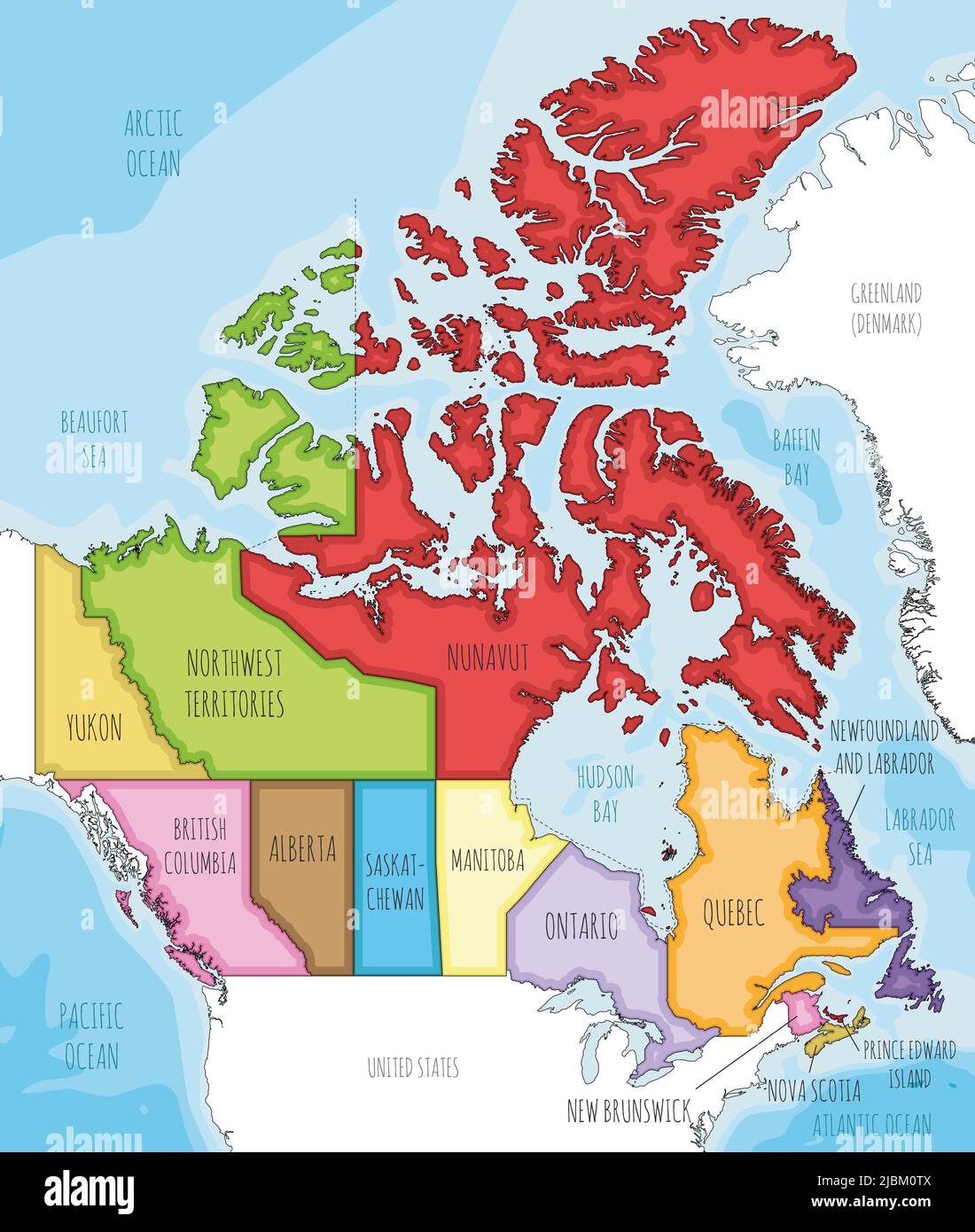 Carte vectorielle illustrée du Canada avec les provinces et les territoires, les divisions administratives et les pays et territoires voisins. Modifiable et Illustration de Vecteur