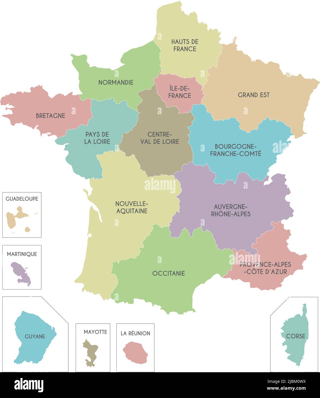 Carte vectorielle de la France avec régions et territoires et divisions administratives. Calques modifiables et clairement étiquetés. Illustration de Vecteur