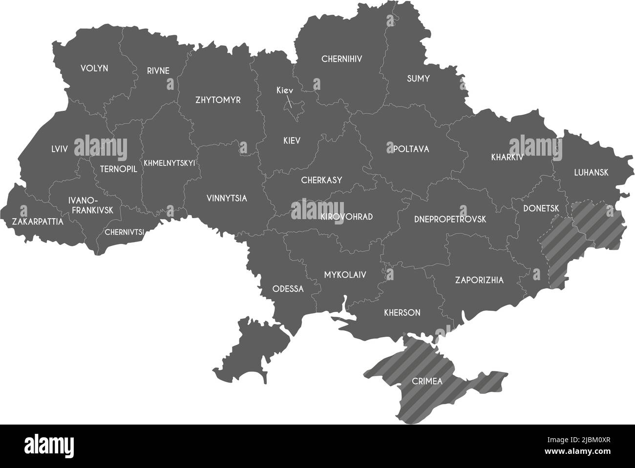 Carte de l'Ukraine avec les régions, divisions administratives et territoires revendiqués par la Russie. Calques modifiables et clairement étiquetés. Illustration de Vecteur