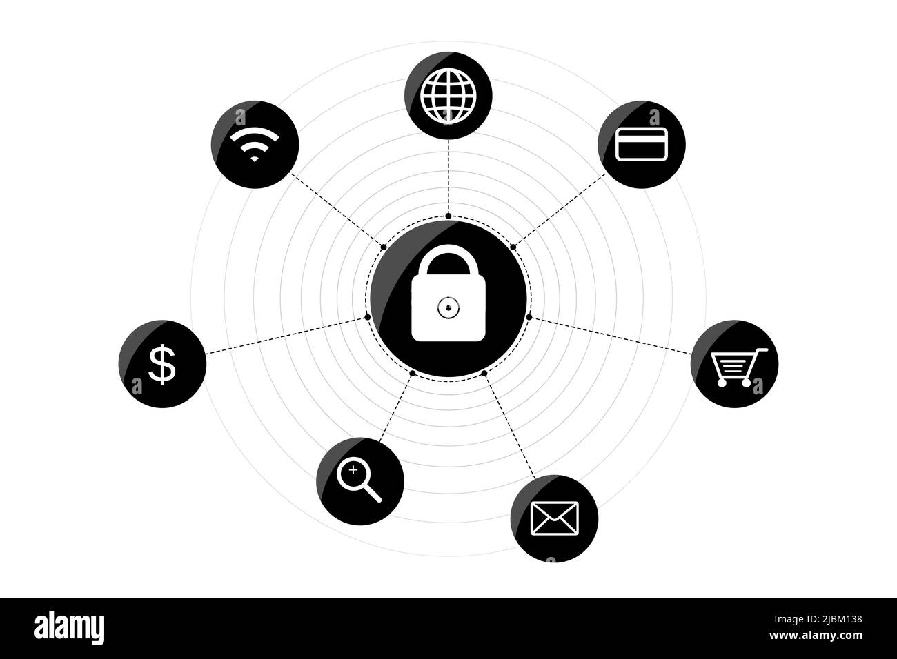 Concept de protection des données de cybersécurité. Icônes liées aux données en ligne, au chiffrement, à la sécurité des informations virtuelles, au mot de passe, à la protection du réseau, pare-feu, s Illustration de Vecteur