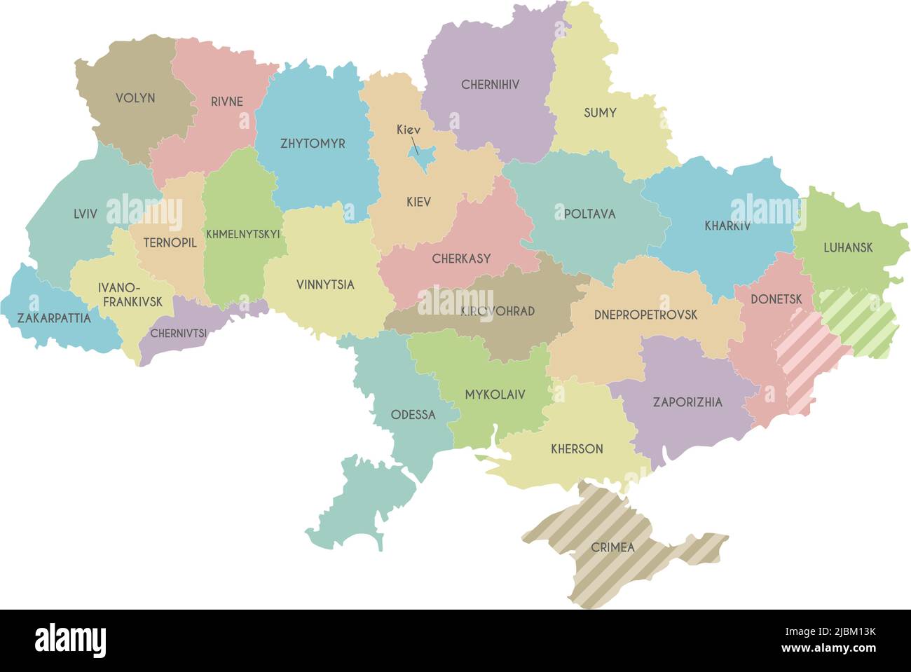 Carte de l'Ukraine avec les régions, divisions administratives et territoires revendiqués par la Russie. Calques modifiables et clairement étiquetés. Illustration de Vecteur
