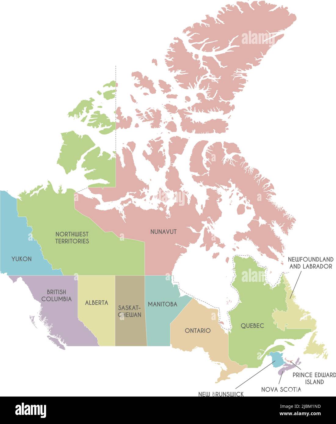 Carte vectorielle du Canada avec les provinces, les territoires et les divisions administratives. Calques modifiables et clairement étiquetés. Illustration de Vecteur