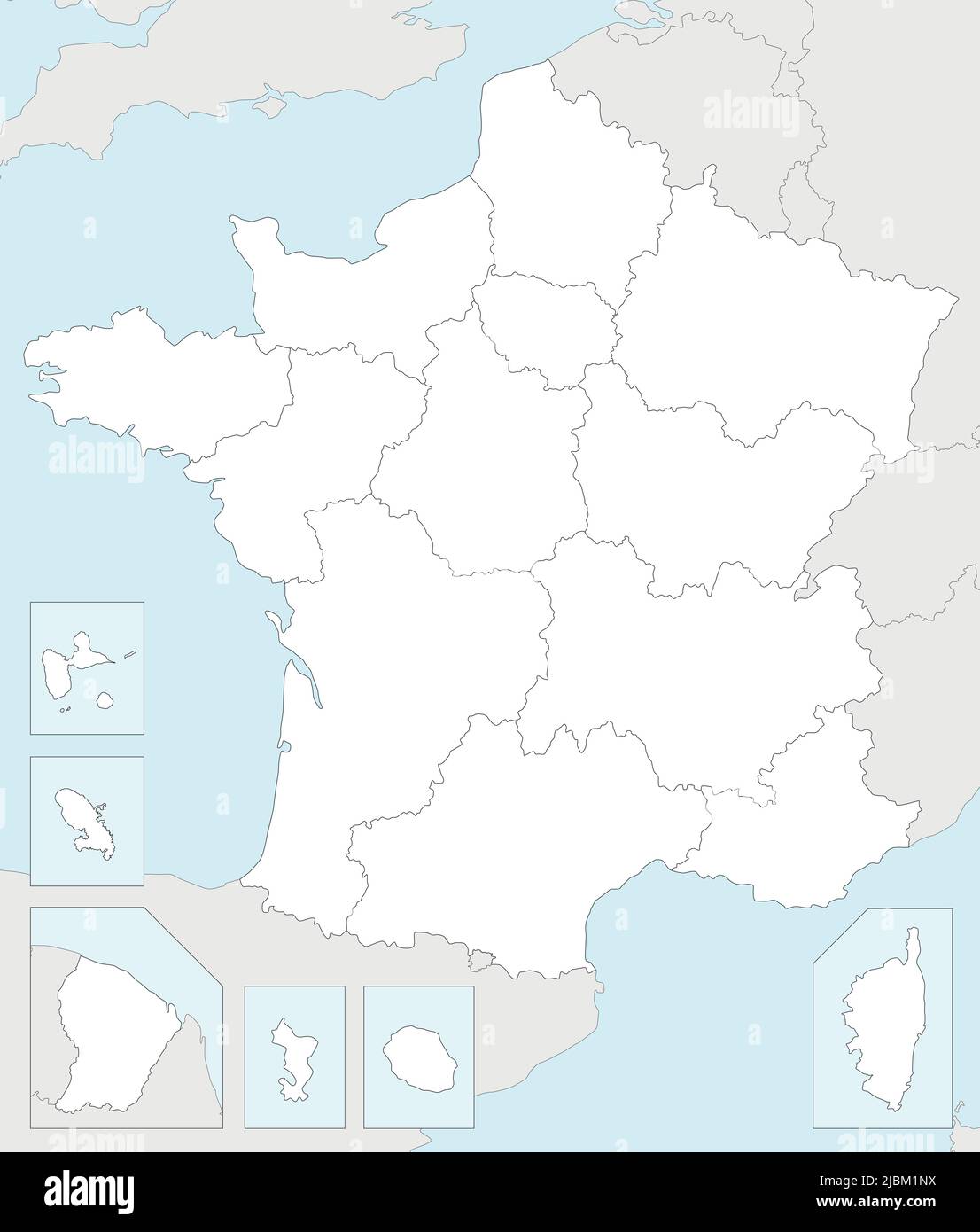 Carte vierge vectorielle de la France avec régions et territoires, divisions administratives et pays voisins. Calques modifiables et clairement étiquetés. Illustration de Vecteur