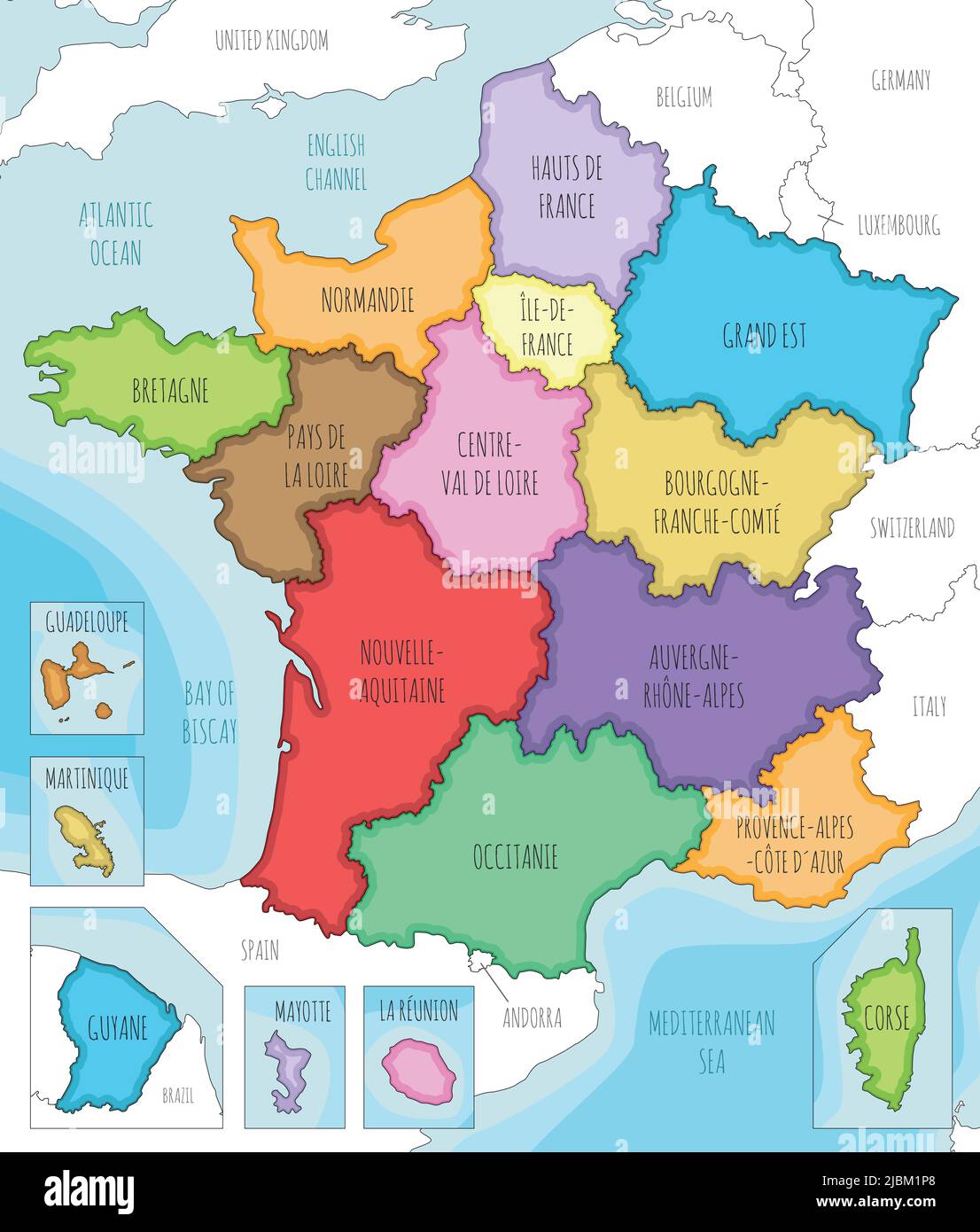 Les Pays Limitrophes De La France Carte vectorielle illustrée de la France avec les régions et territoires, les divisions administratives et les pays voisins. Modifiable et clairement étiqueté l Image Vectorielle Stock - Alamy